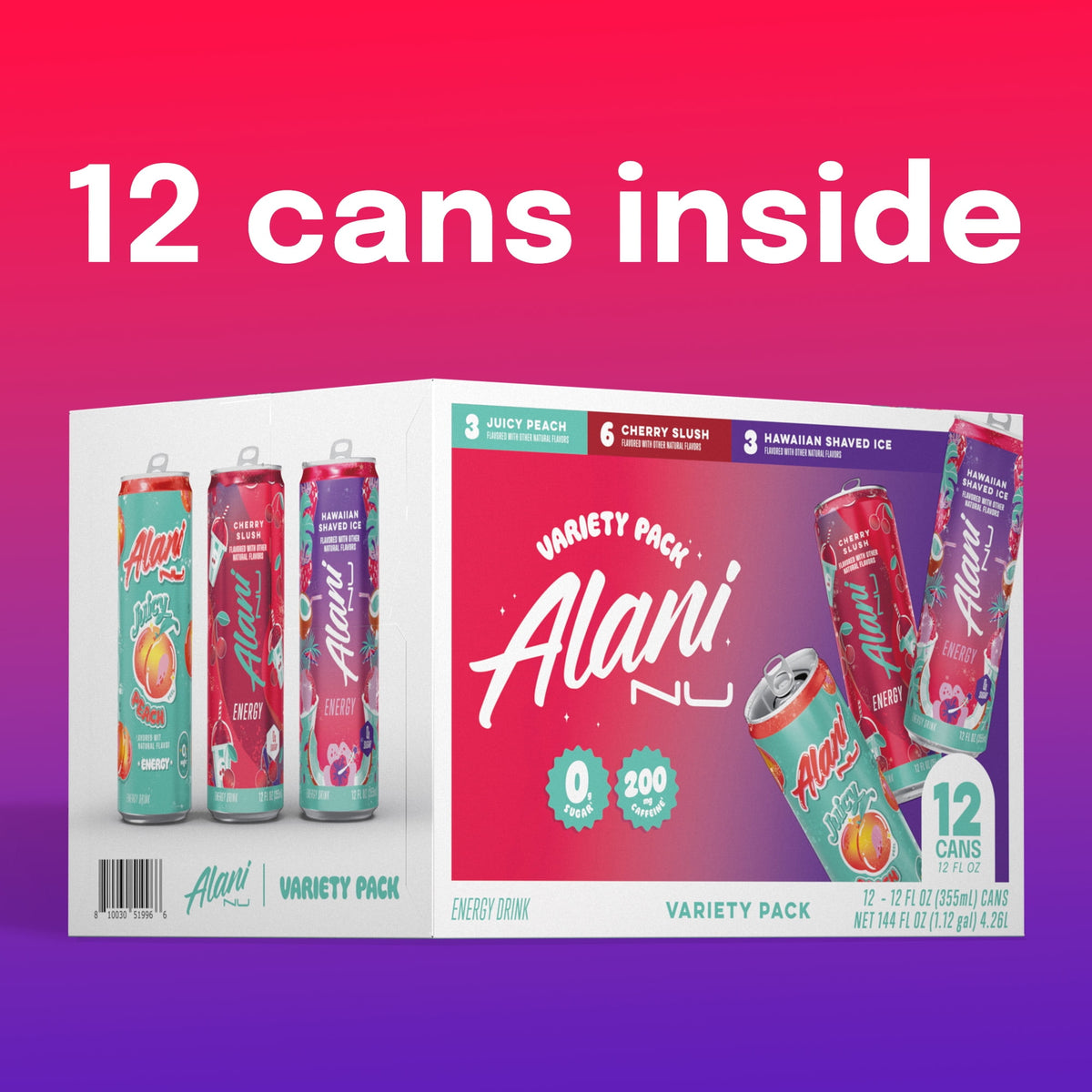 Alani Nu Sugar Free Energy Drink, Variety Pack, Cherry Slush, Juicy Peach, Hawaiian Shaved Ice, 12 fl oz, 12 Pack, Cans, 200mg Caffeine