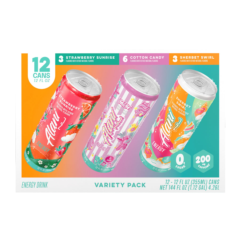 Alani Nu, Variety Pack Cotton Candy, Straw Sunrise, Sherbert Swirl, 12 fl oz, pack of 12