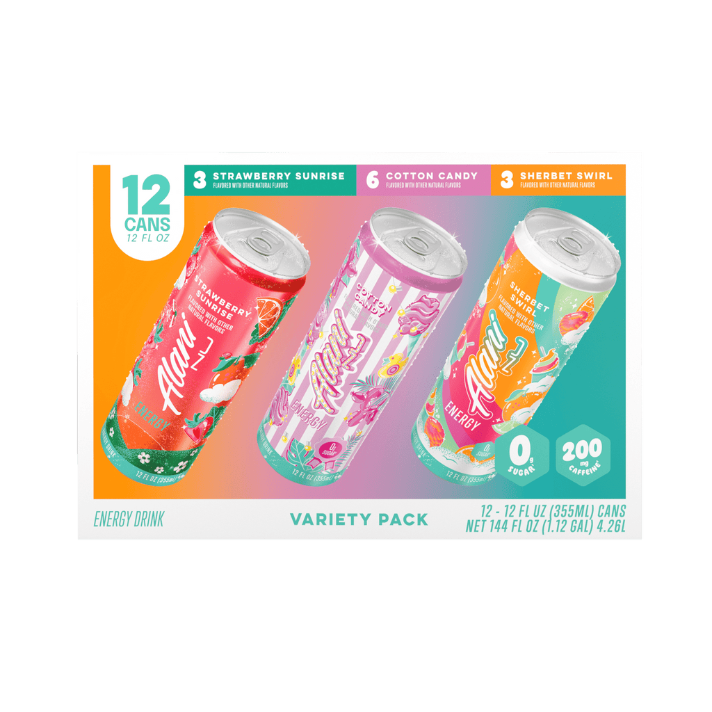Alani Nu, Variety Pack Cotton Candy, Straw Sunrise, Sherbert Swirl, 12 fl oz, pack of 12