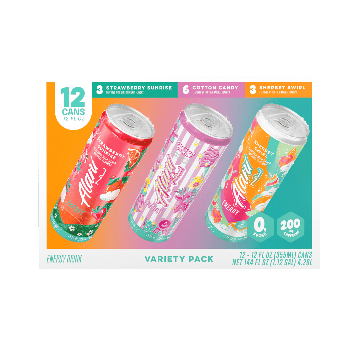 Alani Nu, Variety Pack Cotton Candy, Straw Sunrise, Sherbert Swirl, 12 fl oz, pack of 12