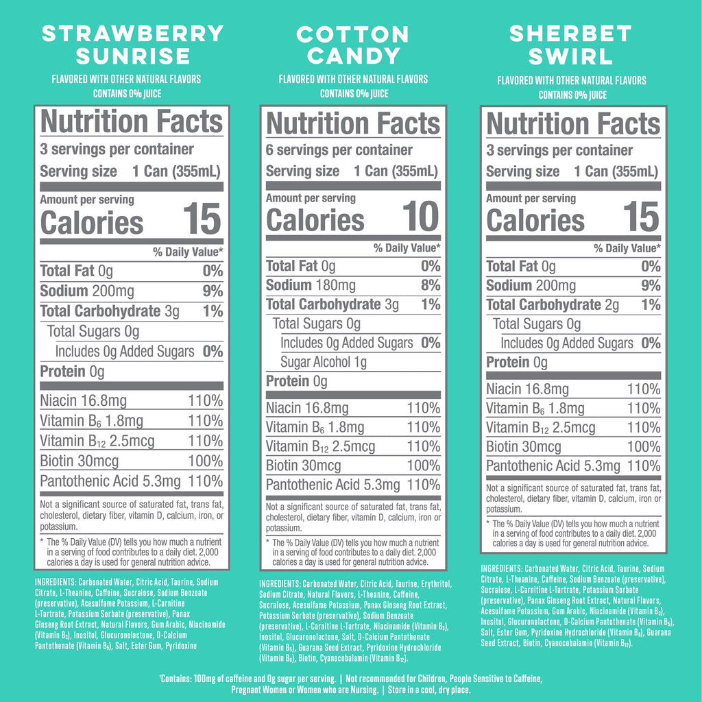 Alani Nu, Variety Pack Cotton Candy, Straw Sunrise, Sherbert Swirl, 12 fl oz, pack of 12