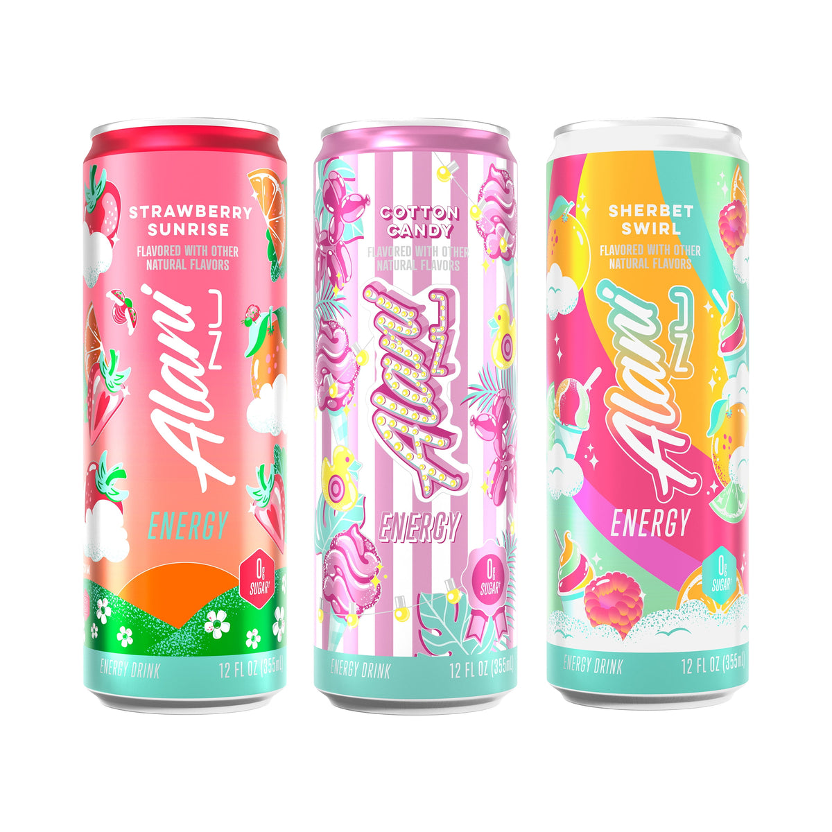 Alani Nu, Variety Pack Cotton Candy, Straw Sunrise, Sherbert Swirl, 12 fl oz, pack of 12