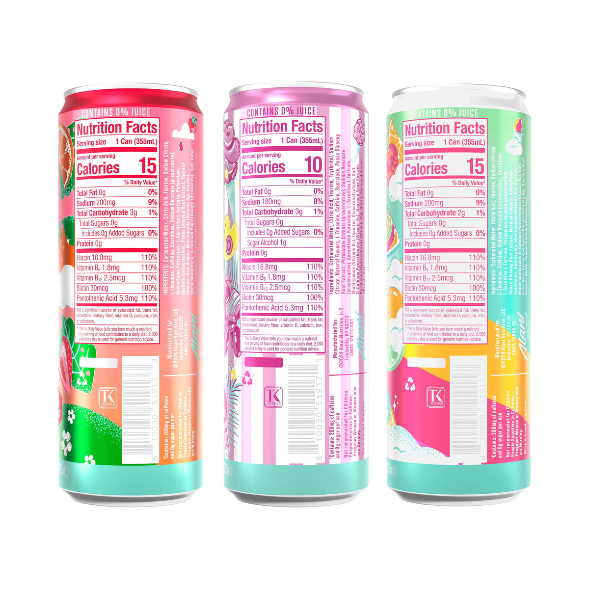 Alani Nu, Variety Pack Cotton Candy, Straw Sunrise, Sherbert Swirl, 12 fl oz, pack of 12