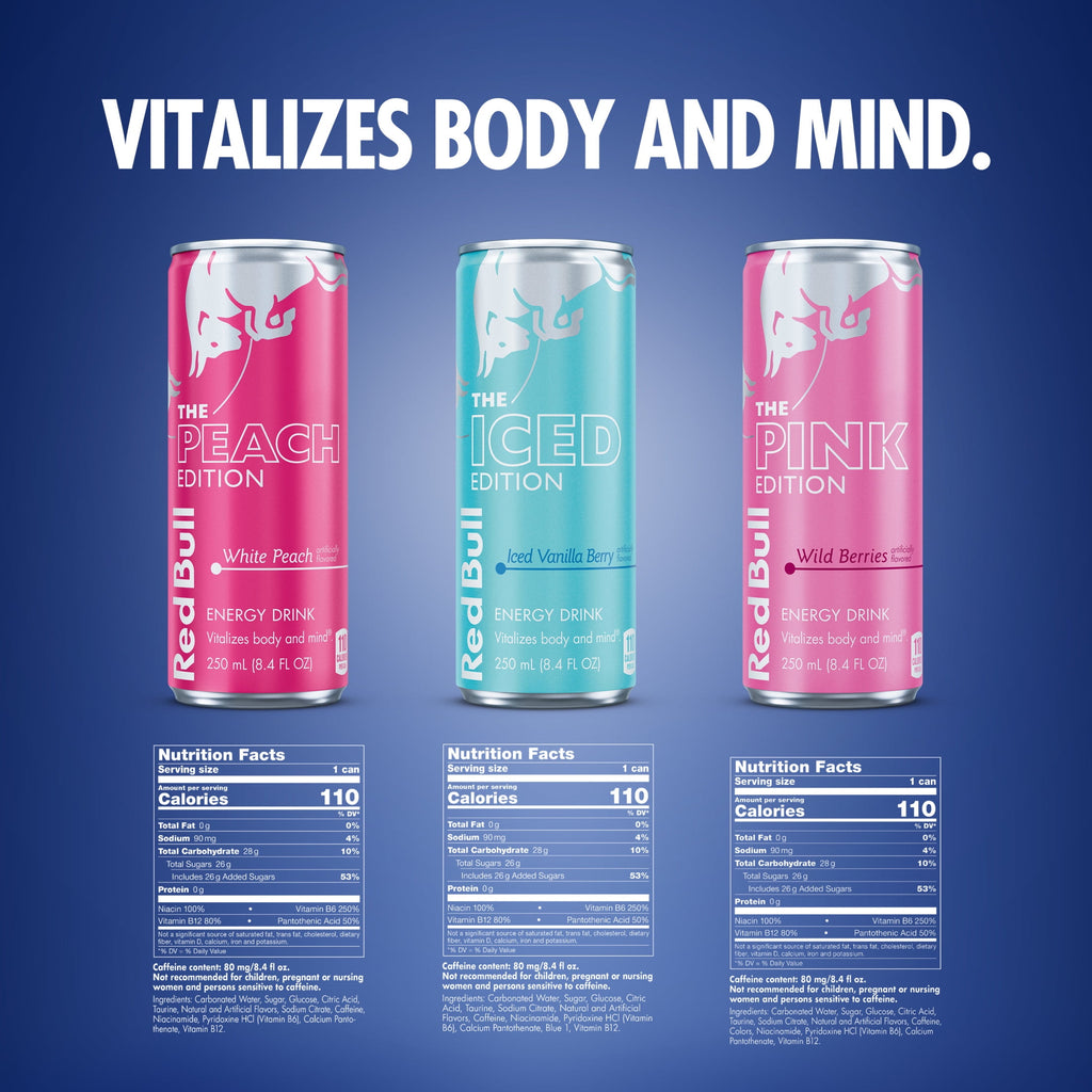 Red Bull Energy Drink Variety pack, Peach, Iced Vanilla Berry, Pink