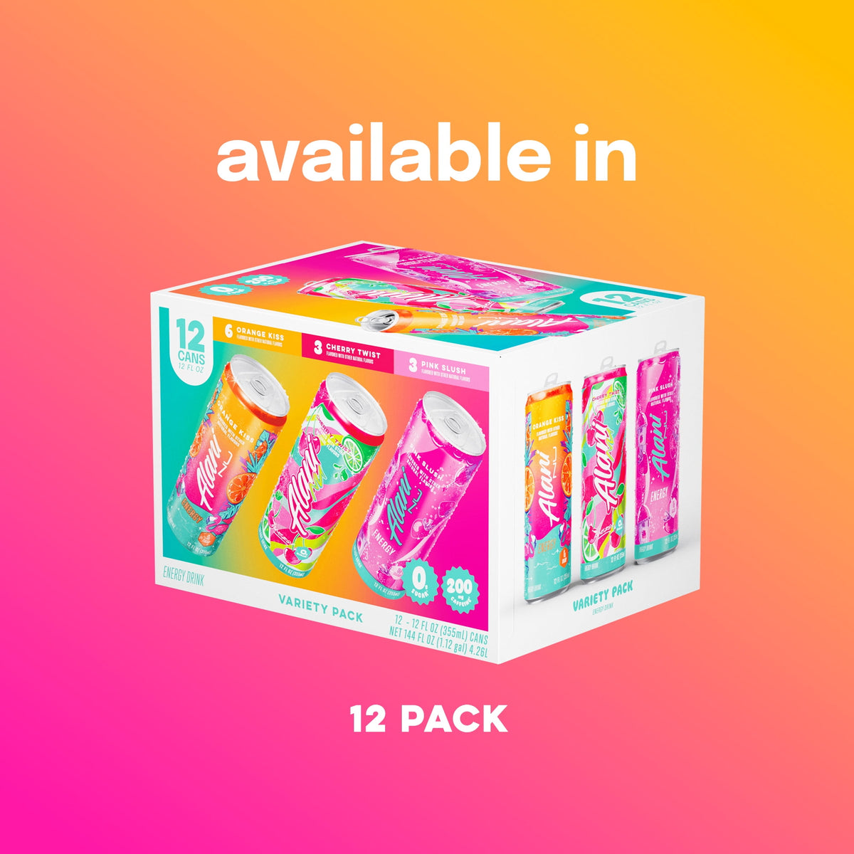 Alani Nu Sugar Free Energy Drink, Variety Pack, Pink Slush, Orange Kiss, Cherry Twist, 12 fl oz, 12 Pack, Cans, 200mg Caffeine
