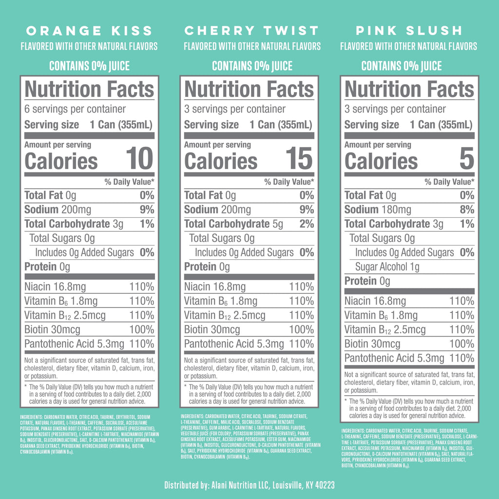 Alani Nu Sugar Free Energy Drink, Variety Pack, Pink Slush, Orange Kiss, Cherry Twist, 12 fl oz, 12 Pack, Cans, 200mg Caffeine