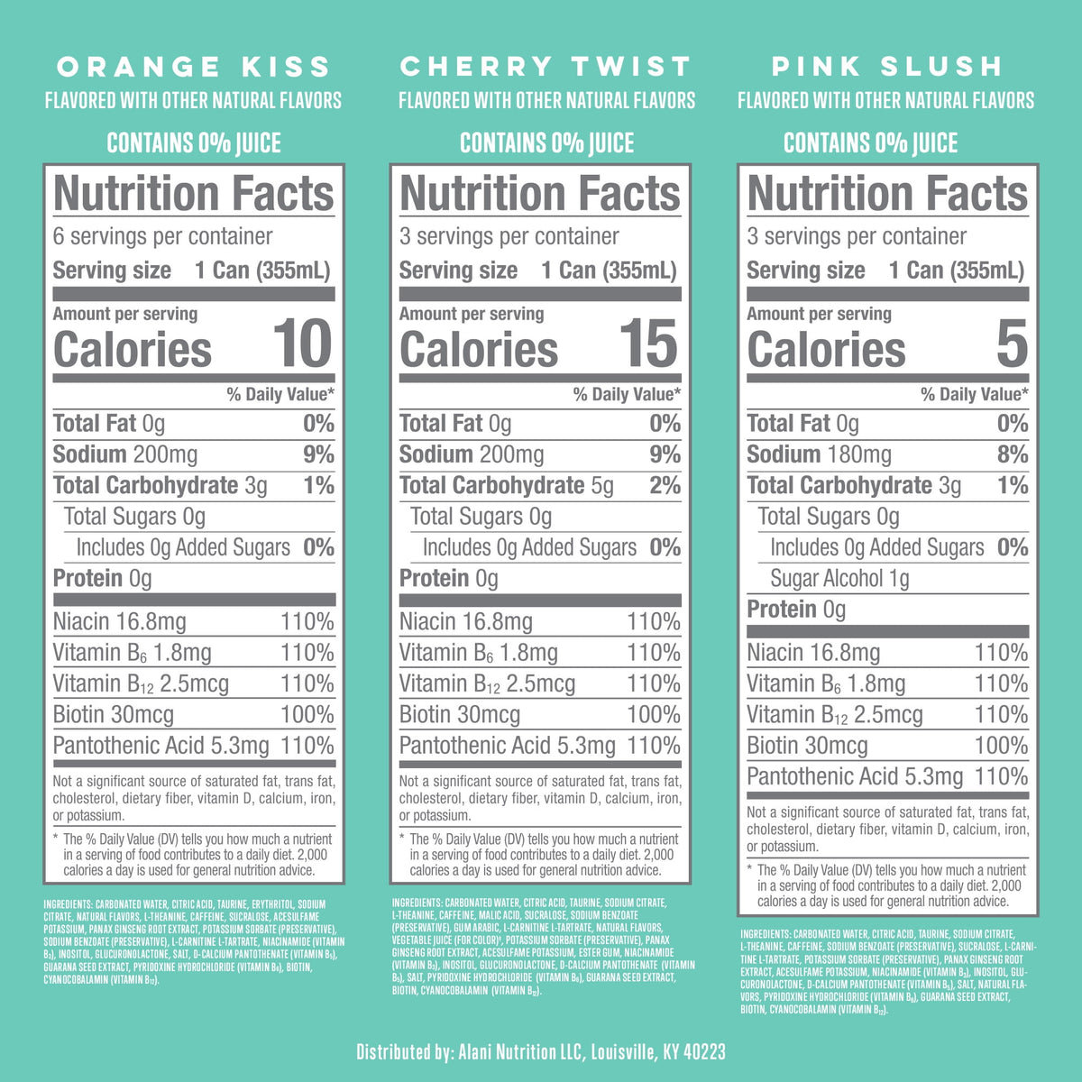 Alani Nu Sugar Free Energy Drink, Variety Pack, Pink Slush, Orange Kiss, Cherry Twist, 12 fl oz, 12 Pack, Cans, 200mg Caffeine