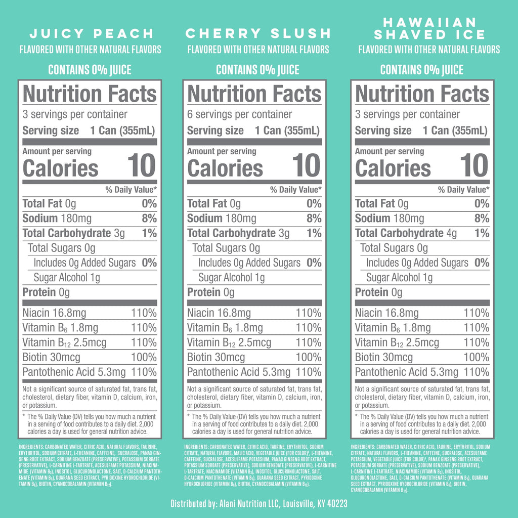 Alani Nu Sugar Free Energy Drink, Variety Pack, Cherry Slush, Juicy Peach, Hawaiian Shaved Ice, 12 fl oz, 12 Pack, Cans, 200mg Caffeine
